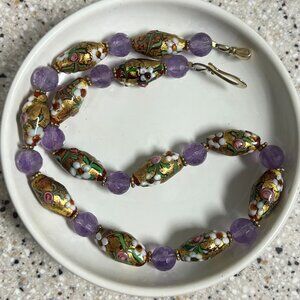 Rare Cloisonné Beaded Necklace Amethyst Purple Gemstone Floral Enamel Gold Tone